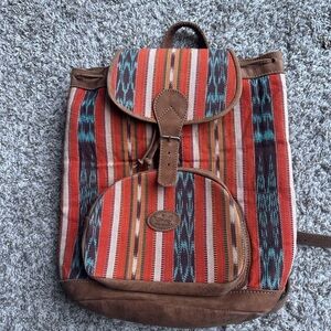 Guatemala Bohemian Native Large Striped Backpack, Leather Trim, front Buckle